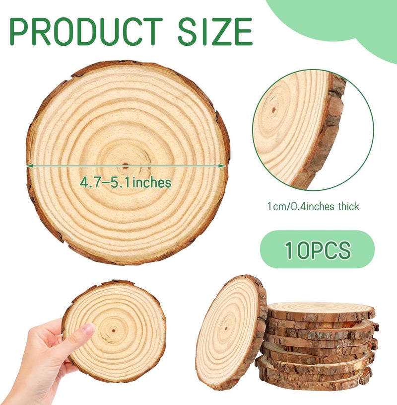 FSWCCK 10 PCS Unfinished Wood Slices for Centerpieces，4.7-5.1 Inch,Round Natural Discs with Tree Bark,Wooden Cookies Circles for Crafts Christmas Ornaments, Rustic Wedding Table Decoration (4.7"-5.1") - Image 2